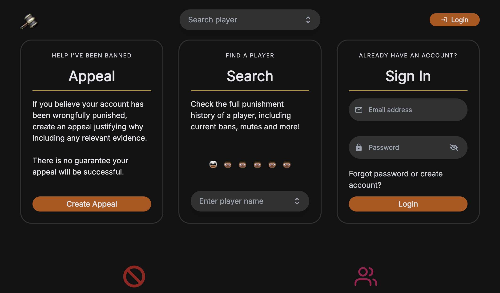 WebUI homepage with appeal, search and login