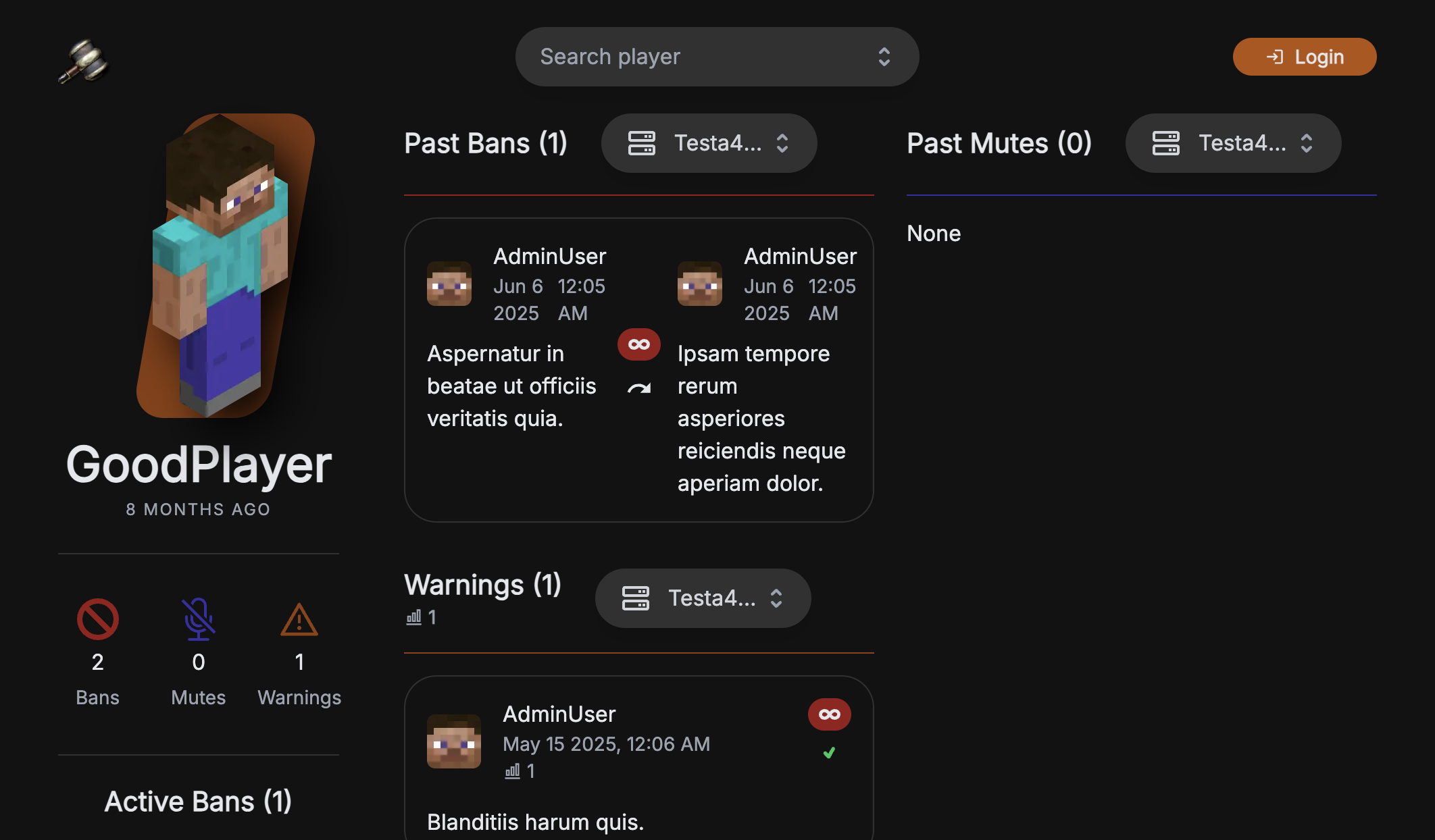 WebUI player page showing punishment history